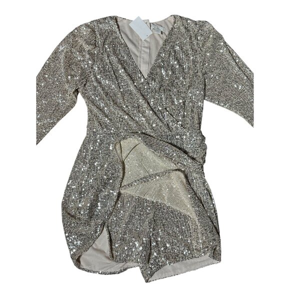 H&M Womens M Gold Sequin Wrap Mini Dress Romper Long Sleeve Holiday Party Chic - Picture 2 of 14